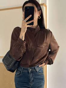 DAZY Blouse élégante à col montant, manches longues, coupe ample pour femmes, printemps/automne - Marron - Voir 5