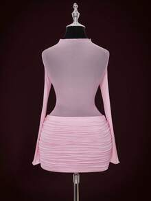SHEIN ICON 网纱拼接透视褶皱长袖迷你连衣裙 - 粉色 - 查看 2