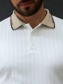 Manfinity CasualCool Men's Casual Ribbed Collar Short Sleeve Polo Shirt Men's Knit Polo Shirt Men's T Collar T Shirt Men's Casual Tops Men Polo Shirts Ribbed Polo Shirt - White - View 5