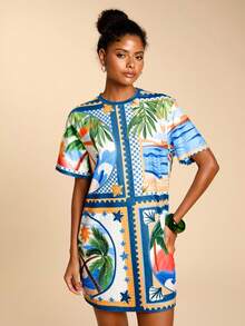 Travachic Vestido Casual Feminino de Gola Redonda e Manga Curta com Estampa Tropical, Ideal para Férias - Multicolorido - Visão 5