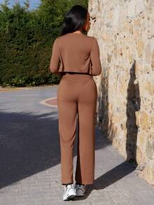 Yess Loren 3pcs/Set Women Solid Color Fitted Outfit - Brown - View 6