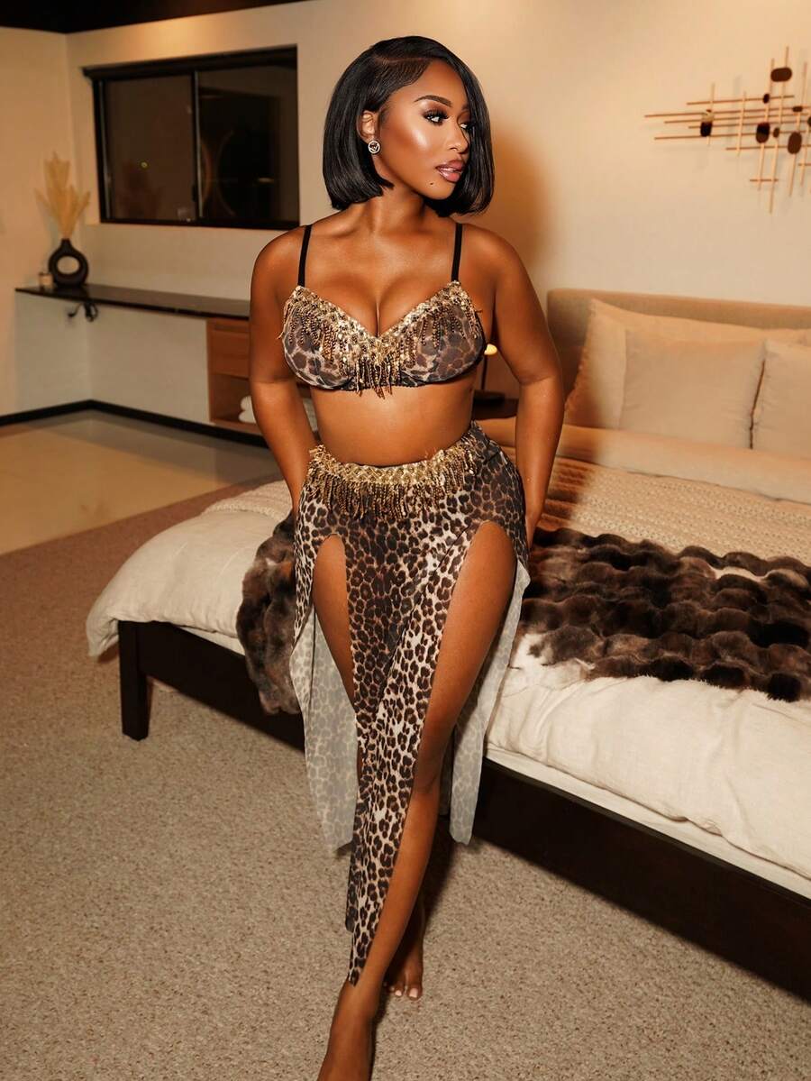 Conjunto de 5 piezas de vestido largo con abertura y manga larga de malla con estampado de leopardo sexy para mujer - Multicolor - Ver 1