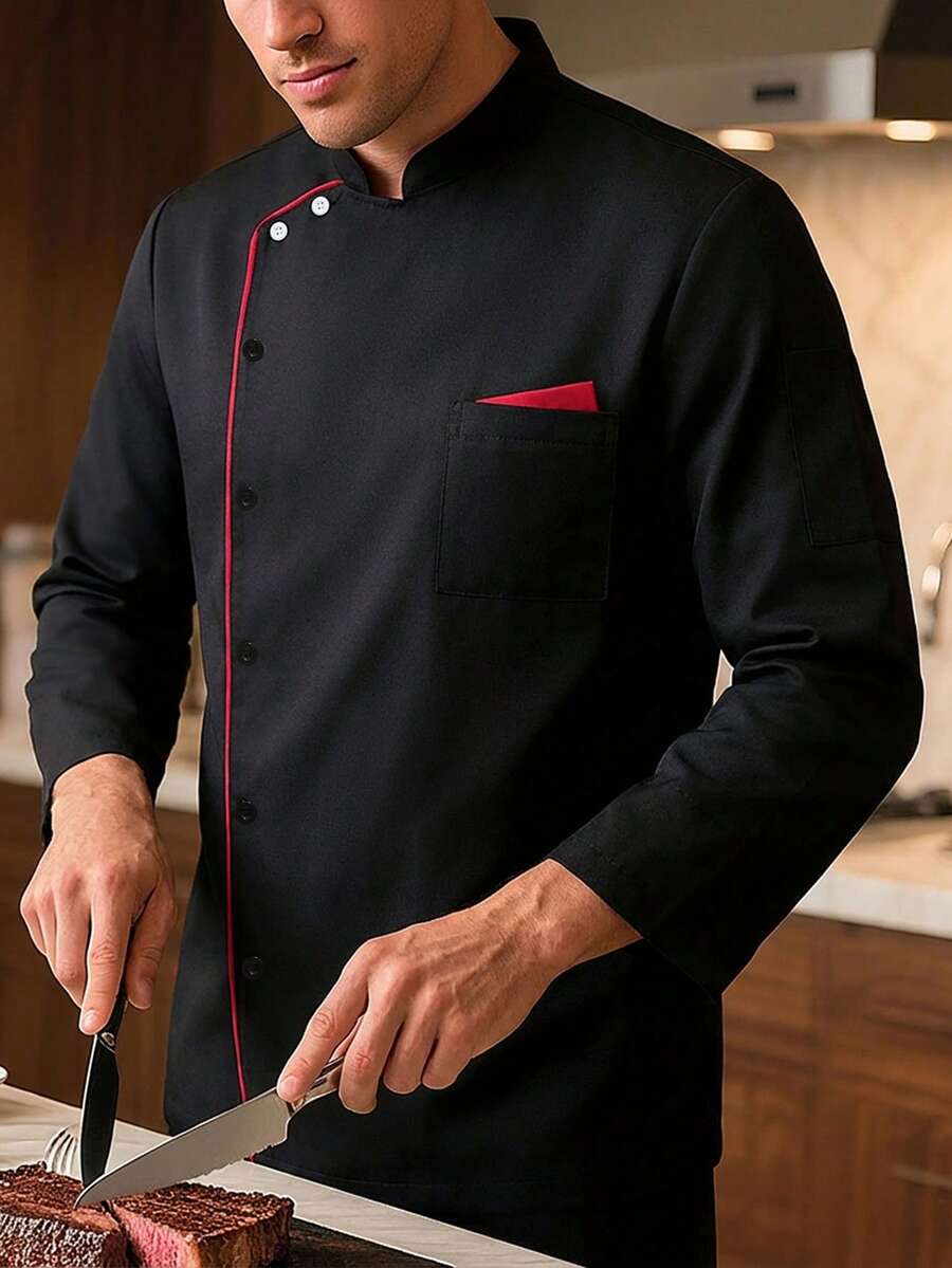 Manfinity Homme Men's Contrast Color Casual Long Sleeve Chef Shirt Men Chef Men Black Chef Jacket, Unisex Work Wear Bakery Uniforms Lace-Up Hotel Chef Kitchen, Unisex Work Wear Bakery Uniforms Lace-Up Hotel Chef Kitchen - Black - View 1
