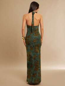 Silquee 秋冬季绿色植绒花卉垂褶领口系带修身优雅性感长裙，适合情人节、圣诞节、约会、外出、夜店派对、优雅派对、伴娘礼服、婚礼季等场合。 - 綠色 - 查看 2