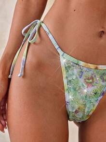 Aloruh 女士连体泳衣比基尼下装绿色亮片比基尼春夏新款花卉印花串珠刺绣面料奢华派对泳装下装，适合音乐节、度假、海滩等场合。优雅女士沙滩泳衣，女士泳装，女士泳衣，女士泳装，女士比基尼 - 彩色 - 查看 6