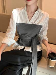 DAZY Women's 2 In 1 Tie Collar Long Sleeve Elegant Formal Blouse, Spring/Autumn