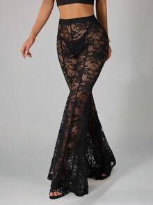 SHEIN PETITE Women's Black Sexy Lace Night Out/Rave Party/Club Wear/Bachelor Party/Theme Party Outfit See-Through Lace Wide-Leg Flared Pants/70s Clothes/Black Pants - Black - View 7