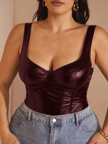 SHEIN BAE Plus Size Women Summer/Autumn PU Bustier Bodysuit - Burgundy - View 5