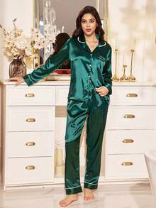 前扣撞色滚边长袖上衣和裤子睡衣套装 - 綠色 - 查看 6