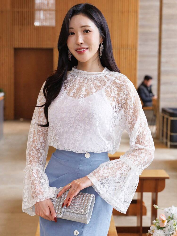 Women's Solid Color Stand Collar Flare Sleeve Loose Lace Elegant Blouse Long Sleeve