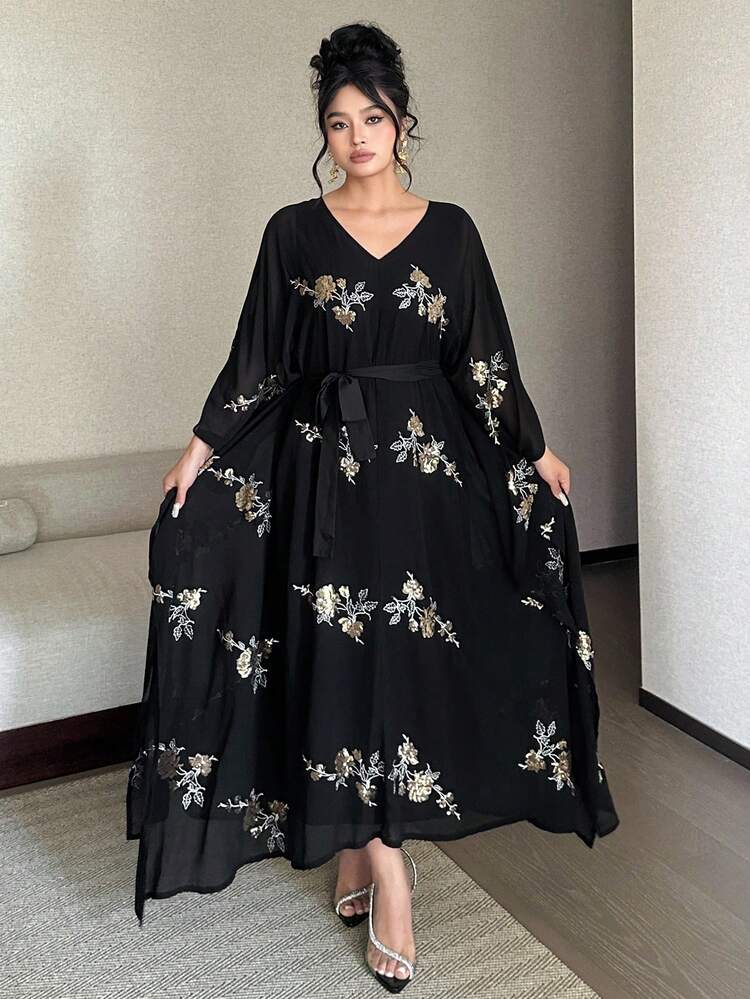 Dazy Plus Plus Size Women's V-Neck Chiffon Embroidered Loose Long Elegant Party Dress, Black, Spring/Summer Sundress Floral Dresses For Women