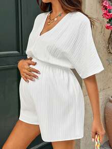 SHEIN Maternity Solid Color V-Neck Batwing Short Sleeve Casual Jumpsuit - White - View 3