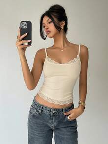 Aloruh Women's Solid Color Contrast Lace Fitted Camisole - Beige - View 7