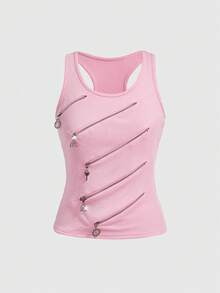 ROMWE Y2K Women's Retro Sexy Bodycon Zipper Decor Tank Top - Pink - View 1