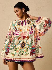 Travachic Plus Size Women Tropical & Pattern Long Sleeve Crew Neck Tie Front Blouse Fall - Apricot - View 6
