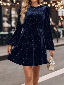 SHEIN LUNE Women's Round Neck Long Sleeve Fitted Waist Elegant Short Dress - Navy Blue - View 6