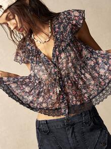 Bohemela Boho Casual Floral Print Ruffle Trim V-Neck Blouse For Women Bohemian