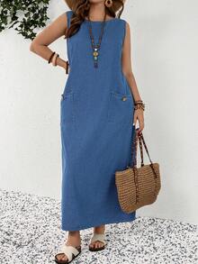 EMERY ROSE Đầm denim dáng rộng không tay dành cho nữ cỡ lớn - Màu xanh lam - Xem 4