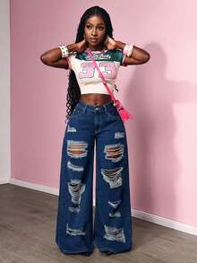 Slaydiva Plus Size Loose Distressed Straight Leg Blue Jeans - Blue - View 6