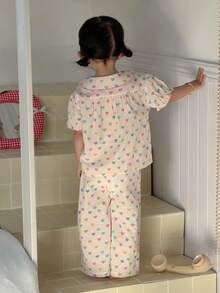 DAZY 2件套女婴爱心印花圆领短袖上衣和裤子睡衣套装 - 白色 - 查看 2