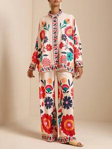 SHEIN Veneréa 2pcs Women's Patterned Vacation Shirt Set - Multicolor - View 5