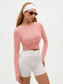 Eassivo Eassivo Women's Pink Fabric Round Neck Long Sleeve Crop Sports Tee With Twist Detail,Twist Front Yoga Top, Stretch Athleisure Workout Tee For Gym And Daily Wear, Cropped Tops, Long Sleeve Cropped Top - Pink - View 3
