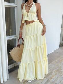 Sunnyshic Bộ đồ 2 món gồm áo crop top cổ yếm hở lưng chữ V sâu kẻ sọc vàng và chân váy xòe cạp thấp xếp ly, thanh lịch, lãng mạn, thích hợp cho kỳ nghỉ, tiệc tùng, phong cách tối giản, thường ngày và đa năng. - Màu vàng - Xem 4