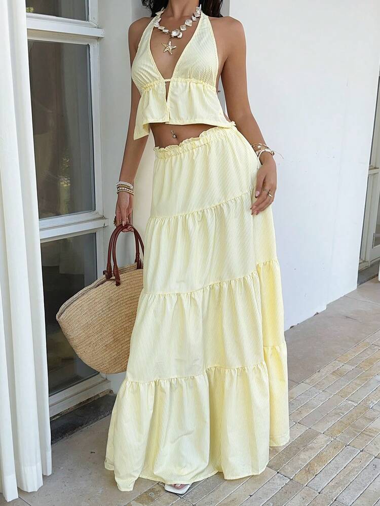 Sunnyshic Conjunto de 2 piezas con top corto con escote en V profundo, tirantes y espalda descubierta a rayas amarillas, y falda holgada con volantes en el bajo, elegante, romántico, versátil para vacaciones, fiestas y uso diario - Amarillo - Añade 4