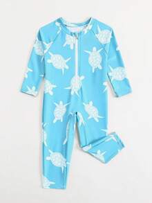 SHEIN Đồ bơi cho bé trai, áo tắm liền thân, tay dài và quần dài, có khóa kéo dễ mặc vào và cởi ra, vải dệt kim, họa tiết rùa dễ thương in kỹ thuật số, đồ bơi đi biển cho bé trai. - Màu xanh lam - Xem 5