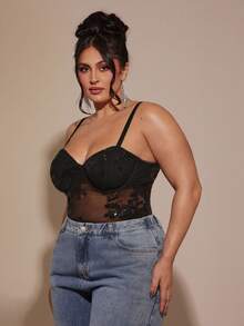 SHEIN BAE 大码女式黑色亮片性感连体衣，吊带上衣 - 黑色 - 查看 4