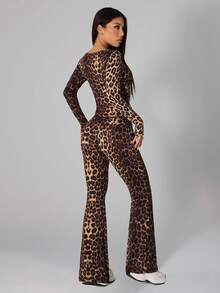 SHEIN PETITE 2 Pieces Women Leopard Print Casual Top And Pants Set Leopard Set - Brown - View 3