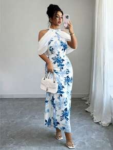 Rafferiza Đầm chiffon họa tiết hoa dành cho nữ, đầm lãng mạn cho kỳ nghỉ và hẹn hò, đầm in hình bóng cây, đầm lãng mạn đầu xuân, đầm đi làm và thường ngày, đầm hẹn hò và đầm dự tiệc trà. - Màu xanh lam - Xem 3