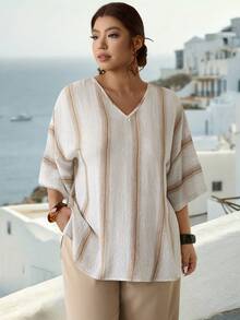 Parysyn 大码女式梭织休闲夏季衬衫 - 杏色 - 查看 5