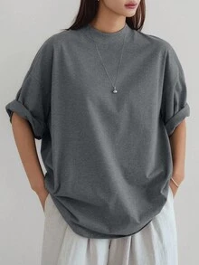 DAZY Áo thun ngắn tay màu xám dáng rộng, phong cách công sở thường ngày, thời trang dành cho nữ, thích hợp cho mùa xuân/hè. - Màu xám đen - Xem 5