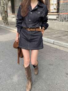 DAZY Vintage Style Lapel Button Down Cinched Waist Blue Casual Denim Dress For Women - Navy Blue - View 3