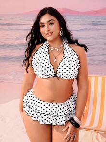 Swim Mod 大码女式两件套黑色波点印花露背系带性感沙滩度假比基尼泳衣 - 彩色 - 查看 5