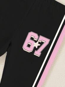 SHEIN 2pcs/Set Young Girls New York 67 Badge Striped Patchwork Slogan T-Shirt And Leggings Outfit,Summer,School,Sport,Back-To-School Fashionable Kids Sets - Multicolor - View 5