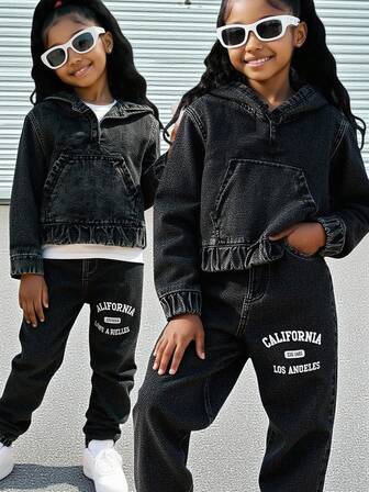 Reset Phase Denimset för ung flicka, personlig denimtröja med huva + lösa fickor och cargobyxor med skärp, cool och snygg 2-delad outfit, blå, lämplig för vardag, casual, högtid