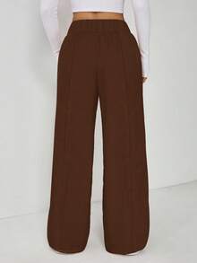 SHEIN EZwear 大码优雅休闲金属双扣直筒办公裤，秋冬款 - 棕色 - 查看 2