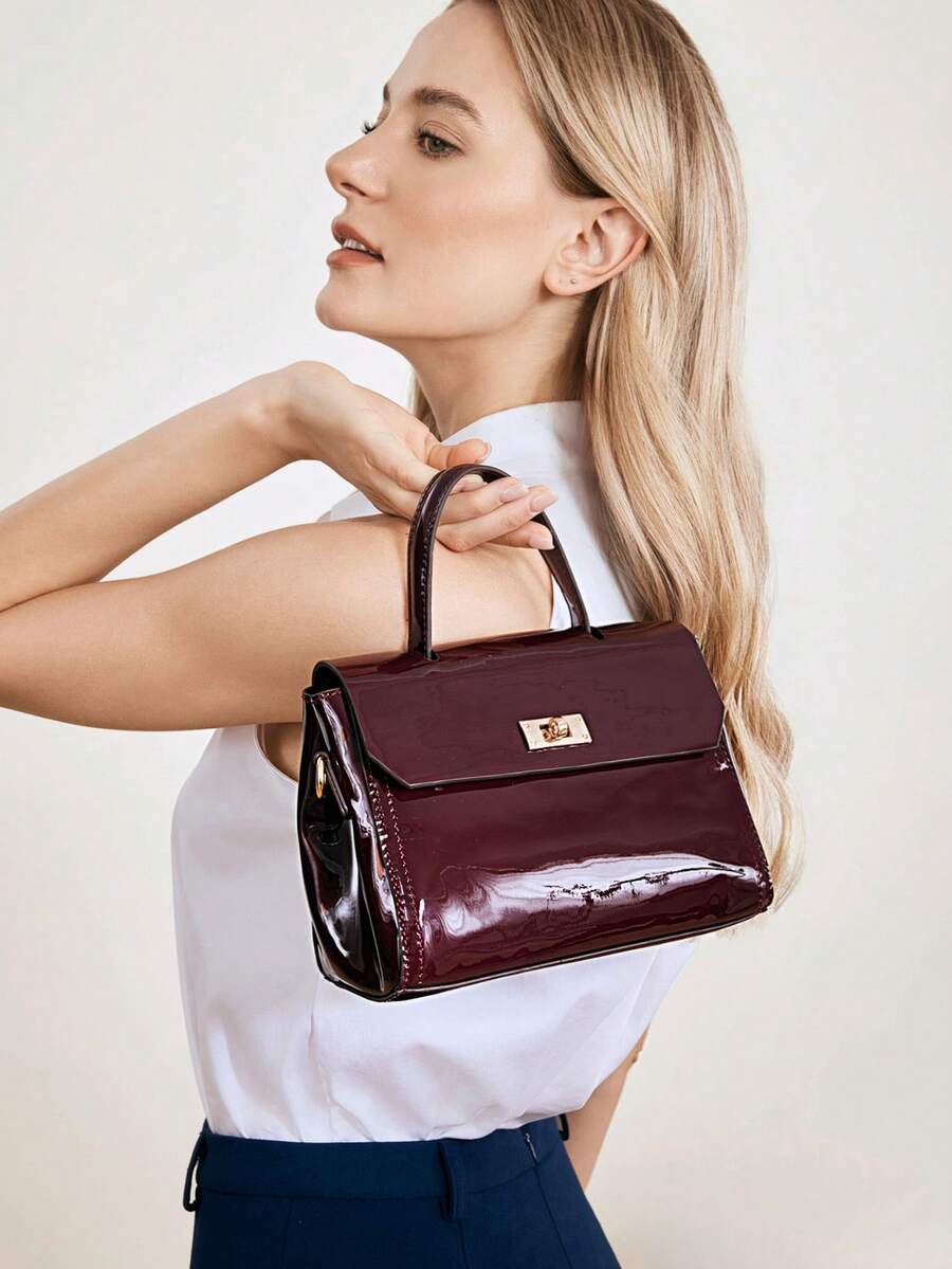 MOTF PREMIUM BOLSO DE MANO MINIMALISTA DE MODA PARA COMMUTER CON SOLAPA Y CIERRE DE GIRO, BOLSO BURDEOS DE MODA, DÍA DE SAN VALENTÍN, BOLSO ELEGANTE PARA MUJER, DE LUJO - Fucsia - Ver 1