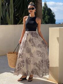 Livesso 宽松波西米亚几何图案休闲度假风棕色碎花A字长裙，女士春夏款 - 棕色 - 查看 4