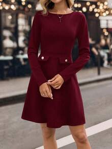 EMERY ROSE 女士纯色圆领常规肩长袖简约优雅短款连衣裙 - 酒紅色 - 查看 4