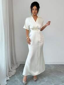 SHEIN Raffinéa Falda maxi de sirena con pliegues y decoración floral elegante para mujer, adecuada para salidas y citas, primavera/verano - Albaricoque - Ver 5