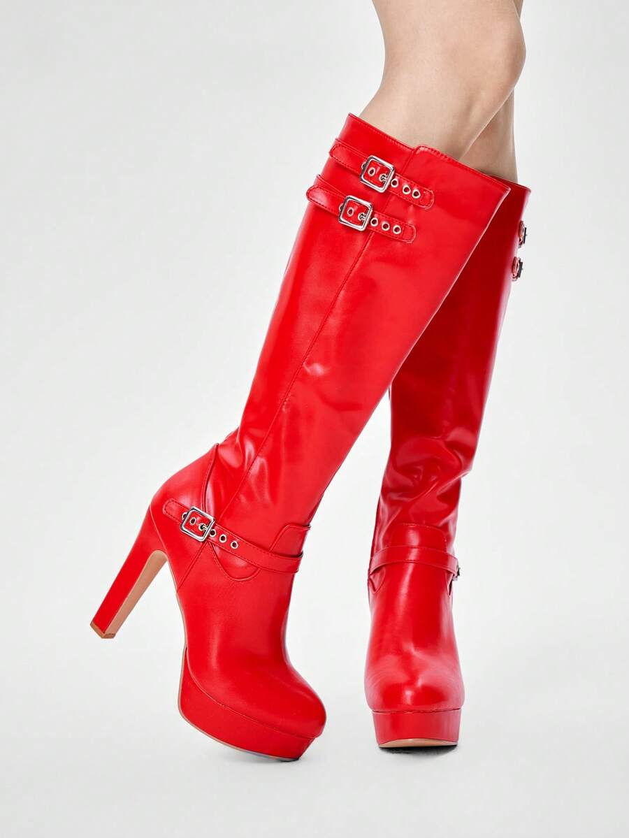 ROMWE Grunge Punk Giày bốt cao gót đến đầu gối dành cho nữ, mũi nhọn, đế dày, thiết kế khóa cài, thời trang hàng ngày, đa năng. - Đỏ - Xem 1