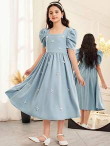 少女优雅珍珠点缀方领羊腿袖荷叶边下摆缎面连衣裙，适合婚礼、派对、生日、聚会、春夏穿着。 - 淺藍色 - 查看 8