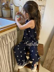 DAZY Young Girls Round Neck Embroidered Sleeveless Shirt & Loose Pants 2 Pieces Vacation Set Spring - Royal Blue - View 5