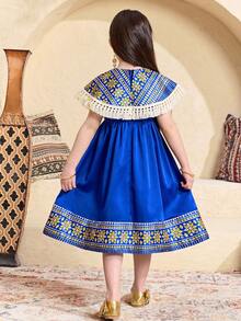 SHEIN Young Girl Retro Print Patchwork Fringe Decor Sleeveless A-Line Dress - Blue - View 6