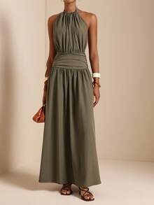 SHEIN Veneréa 女士纯色褶裥腰部时尚吊带连衣裙，适合度假穿着 - 橄欖綠 - 查看 4