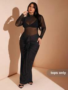 SHEIN BAE 大码女式黑色网纱透视连体衣，女士连体衣，黑色连体衣，紧身连体袜，大码塑形连体衣，演唱会连体衣，圣诞节服装，女士休闲紧身连体衣，性感连体衣，大码长袖连体衣，高领连体衣，大码透视连体衣，女士职业装