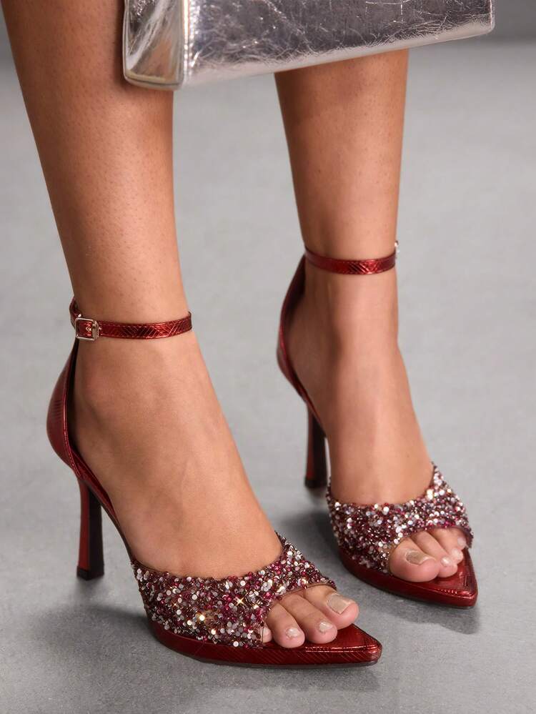CUCCOO SZL Ladies New Low Water Table Burgundy Rhinestone Pointed One-Word Strap Open-Toed High Heels, Christmas New Year Banquet Party Dress